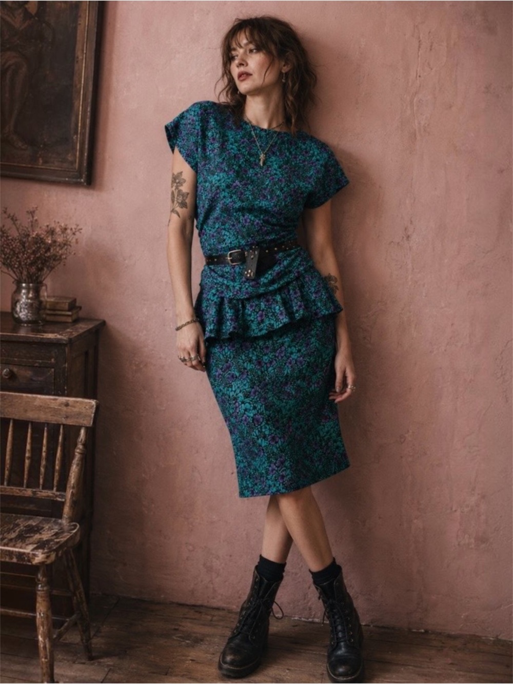 Vintage 80s Union Made Peplum Dress Teal Purple Floral Made in Canada Pantel - Picture 2 of 14